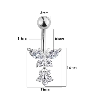 Dimensions détaillées du piercing de nombril papillon et fleur en argent et zircon