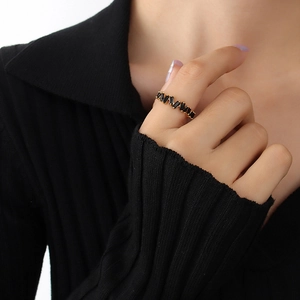 French retro 18K gold plated ring with geometric black zircon stones on female finger