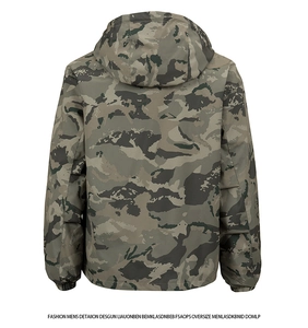 Back view of a camo hooded jacket showing windproof material and elastic cuffs