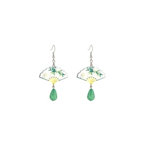 Detail of green butterfly fan and teardrop pearl tassels on Chinese style earrings