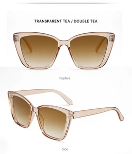 Detailansicht stilvoller Cat-Eye Sonnenbrillen mit braunen Gläsern und transparenten Teegestell.