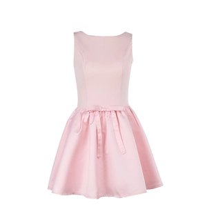 Pink sleeveless A-line dress with bow detail and silk texture on white background