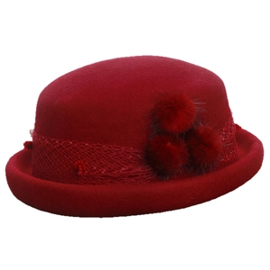 Red wool felt bowler hat with vintage mesh veil and decorative pom-poms for women