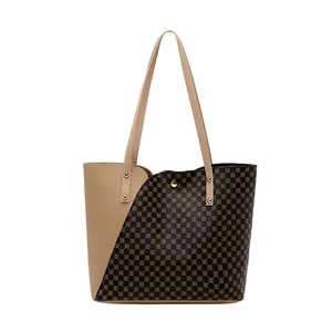 Fashionable beige leather tote bag with brown geometric pattern and slim straps