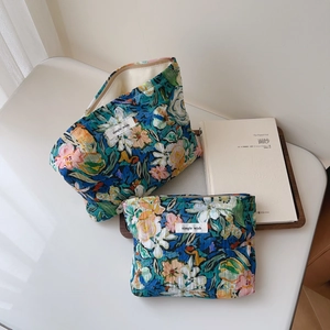 Floral cotton pouch set with two sizes featuring vibrant oil painting prints and fabric label