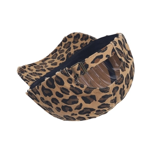Detailed macro view of leopard print baseball cap featuring metal buckle and distressed edges