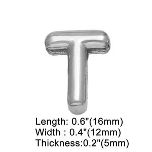 Detailed view of silver T-letter charm with precise dimension measurements in mm and inches