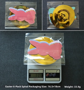 Detail view of 6-piece Easter bunny hanging swirl decorations and packaging weight data