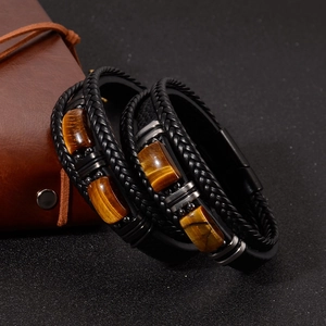 Multilayer black leather bracelet for men featuring tiger eye stones and magnetic clasp