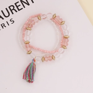 Bohemian multilayer beaded bracelet set with pink crystal beads and colorful tassel charm
