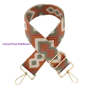 Detail of geometric ethnic woven strap with gold metal hooks and adjustable buckle