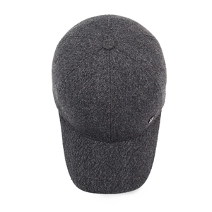 Men's winter wool blend baseball cap with ear flaps in dark grey textured tweed fabric