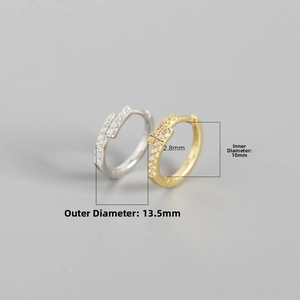 Detail view of 13.5mm hoop earrings showing diameter measurements and paved zircon stones