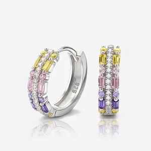 Rainbow Huggie Hoop Earrings 925 Sterling Silver Colorful Cubic Zirconia Geometric Luxury Style Jewelry For Women Fashion Accessory
