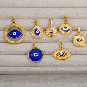 Set of 24k gold plated stainless steel blue evil eye pendants in various shapes