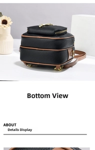 Detail view of mini backpack showing bottom structure, brown trim, and golden hardware
