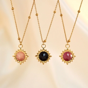 Vintage Sun Pendant Necklace 14K Gold Plated Stainless Steel Natural Stone Inlaid Minimalist Jewelry For Women Elegant Neckpiece