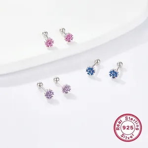 925 silver flower stud earrings with colorful cubic zirconia and secure screw backs