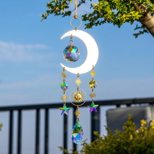 Brass moon and star crystal suncatcher with rainbow prisms for window hanging decor