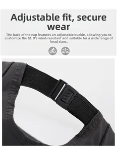 Detail of adjustable plastic buckle and elastic strap on quick-dry dark grey docker cap