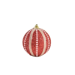 8cm red glitter Christmas ball ornament with woven rope and pink pearl bead details