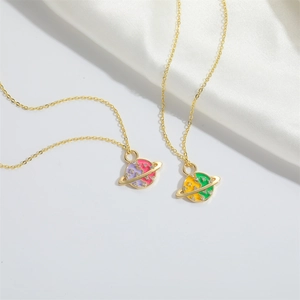 Elegant gold planet pendant necklace with colorful enamel and zircon crystals on silk