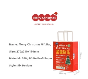Detailed dimensions of a red Christmas gift paper bag with festive patterns and handle