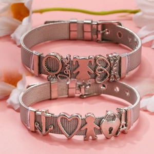 Adjustable stainless steel mesh bracelet with heart, girl, and love letter pendants
