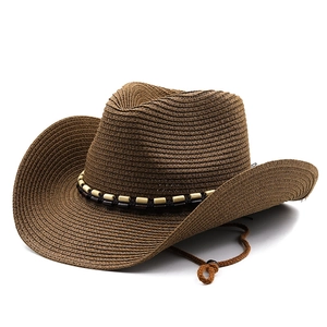 Chapeau de paille jazz marron foncé à large bord avec perles en bois et mentonnière réglable