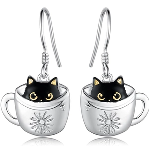 Cute Black Cat In Coffee Cup Drop Earrings Copper Enamel Daisy Pattern Creative Novelty For Women With Silver Earring Post