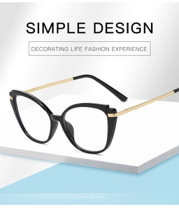 Close-up of cat-eye anti-blue light glasses with black frames and gold metal legs