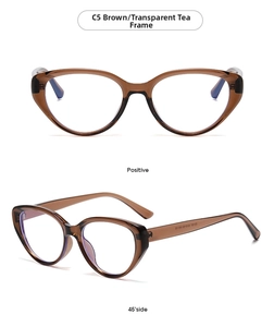 Detailed views of translucent tea brown cat-eye glasses frames with C5 color code