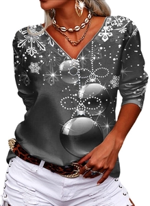 Dunkelgraues Langarmshirt für Damen mit V-Ausschnitt, Reißverschluss und Weihnachtsmotiv