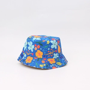 Vibrant blue kids sun bucket hat with colorful floral print and wide brim for summer