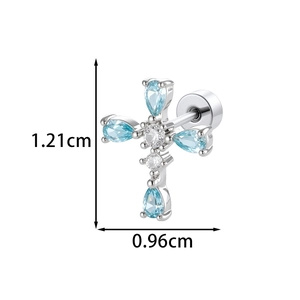 Silver cross stud earring with blue teardrop zircon and screw back closure