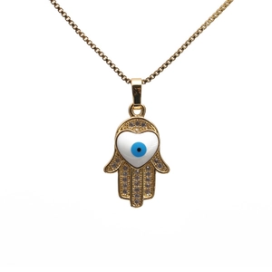 Gold Hamsa Hand necklace with blue evil eye heart pendant and micro-pave zircons