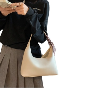 Minimalist beige PU leather underarm bag for women with decorative floral silk scarf
