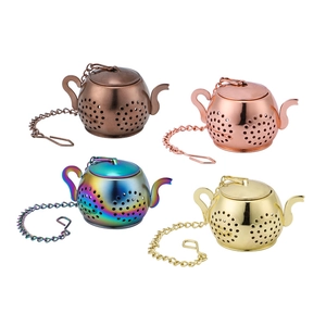 304 stainless steel teapot-shaped tea infusers in bronze, rose gold, rainbow, and gold finish