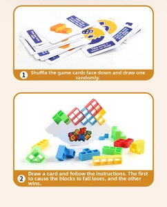 Detailed view of balance base, colorful blocks and instruction cards for stacking game