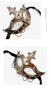 Detail of bronze steampunk mask featuring metallic spikes, gears and hanging chains