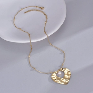 14K gold plated stainless steel heart necklace with hammered texture and white pearl