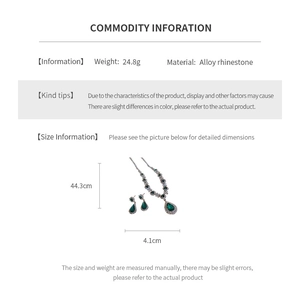 Detailed size specifications for silver water drop jewelry set with green rhinestones
