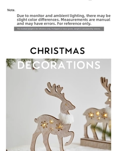 Close-up of wooden reindeer decor with LED glowing snowflake and plush collar detail