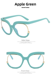 Dettaglio macro della montura cat-eye verde mela con design traforato in metallo dorato