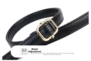 Detail of adjustable black lychee leather shoulder strap with premium gold metal buckle