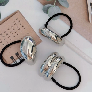 Minimalist silver U-shaped metal hair ties with elastic black bands for women