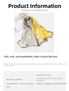 Detailed view of lightweight georgette floral scarf in yellow and grey color block style
