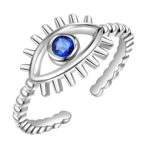 Adjustable evil eye ring in silver finish with blue crystal and twisted rope texture