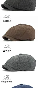 Detail of herringbone wool fabric on newsboy caps in brown, grey and navy blue