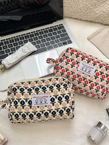 Floral corduroy toiletry bag set with portable side handle and secure zipper closure